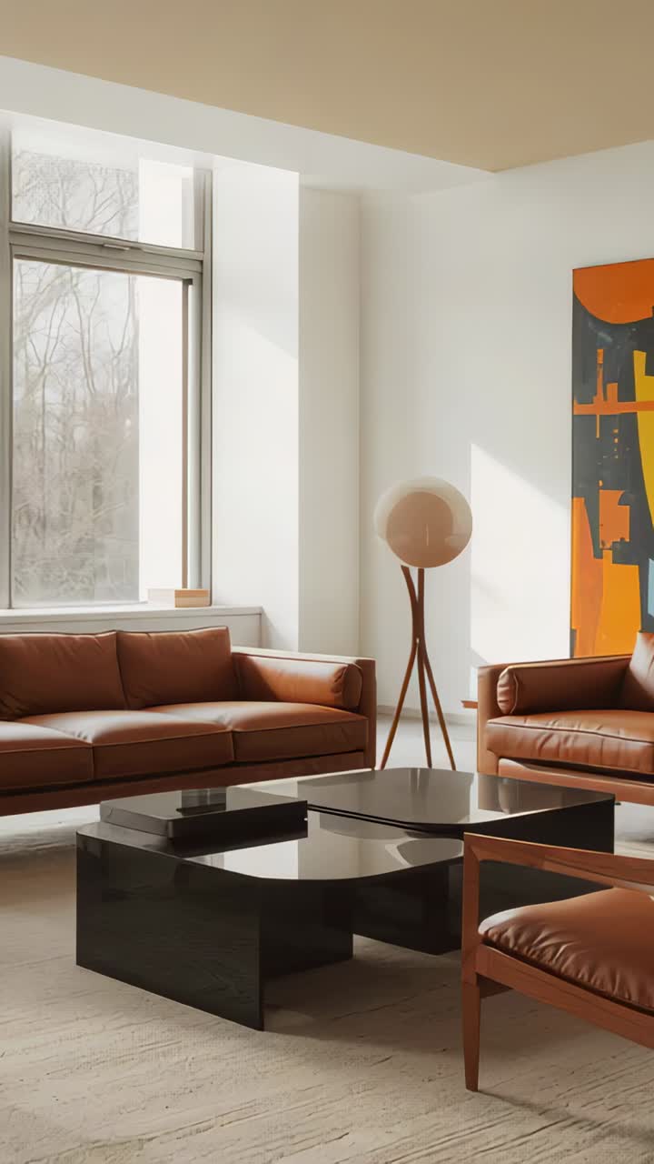 Vertical video: Camera panning right in living room revealing coffee table, leather seats, painting