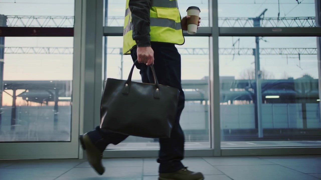 Un uomo entra in stazione, cammina con un gilet ad alta visibilità, porta una borsa di tela e un caffè, dirigendosi al binario per andare al lavoro.