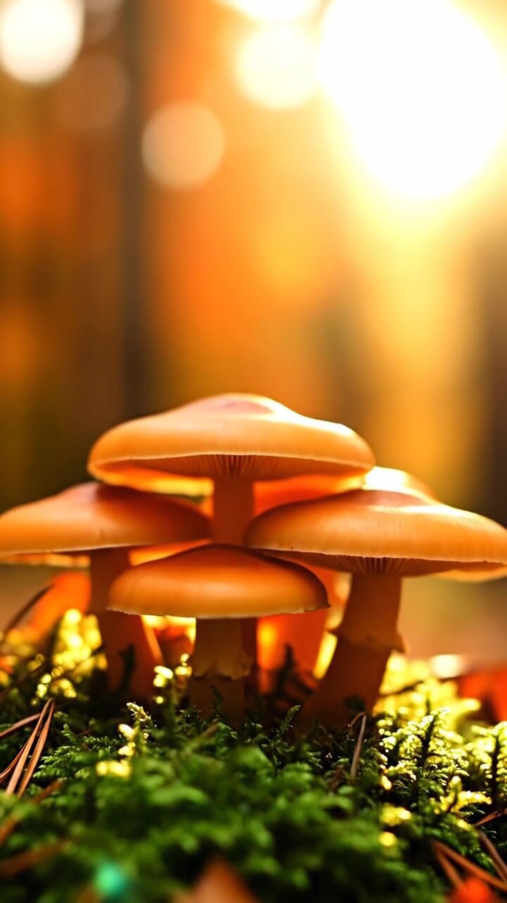 Group of Orange Mushrooms Growing in Mossy Forest Floor
