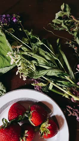 fresh strawberries and wild flowers on wooden table