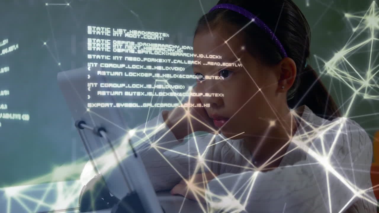 Reading book, woman with code and network connections animation over her