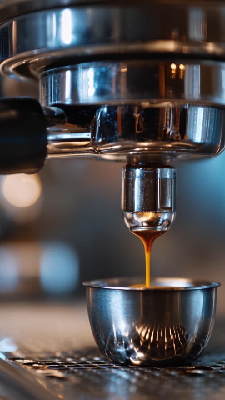Catturare l'arte dell'estrazione dell'espresso: Un primo piano di caffè ricco che si versa da una macchina in una tazza d'acciaio, mettendo in mostra colore e consistenza.