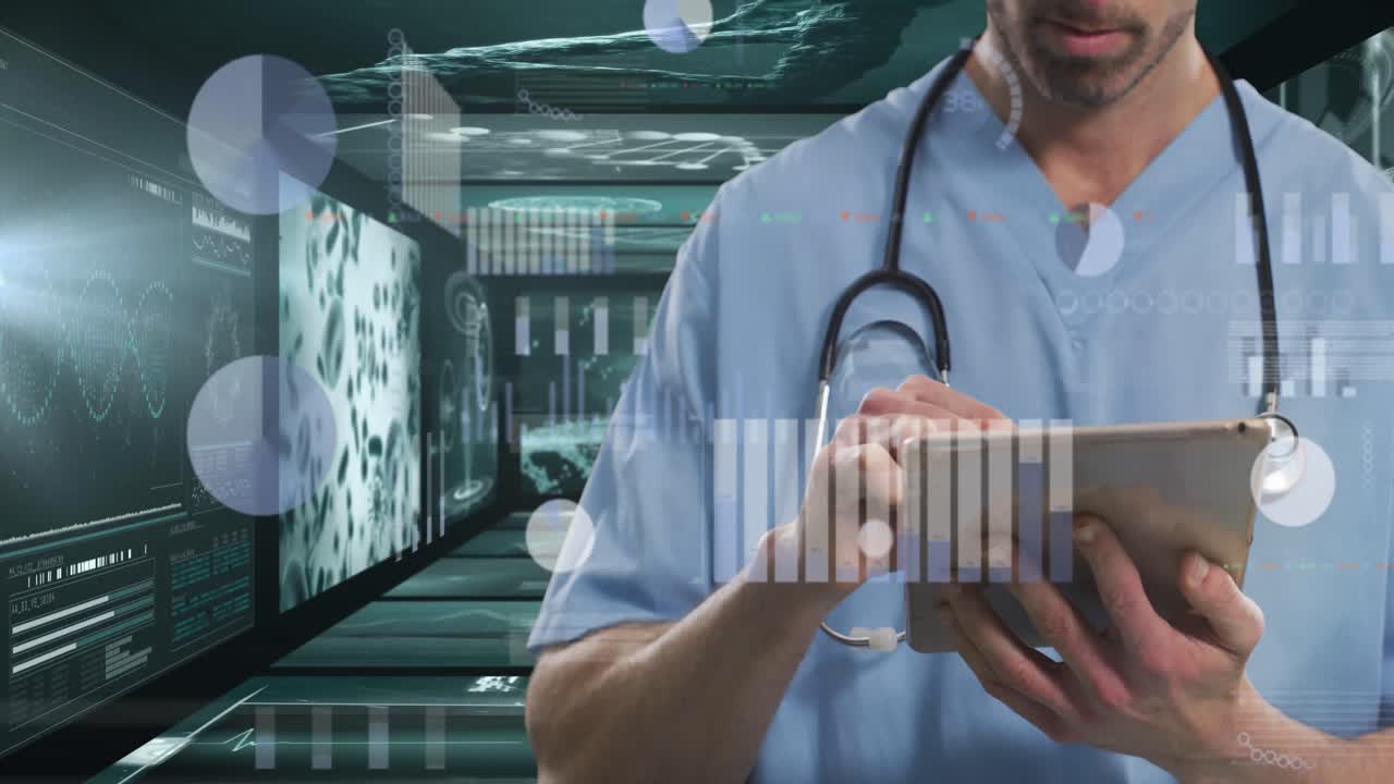 animación del procesamiento de datos médicos sobre un médico masculino utilizando una tableta digital