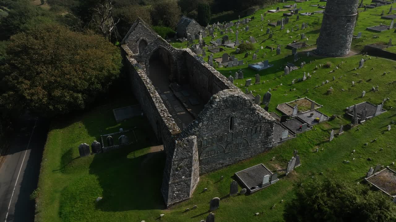 Aerial View of Ancient Church Ruins and Graveyard