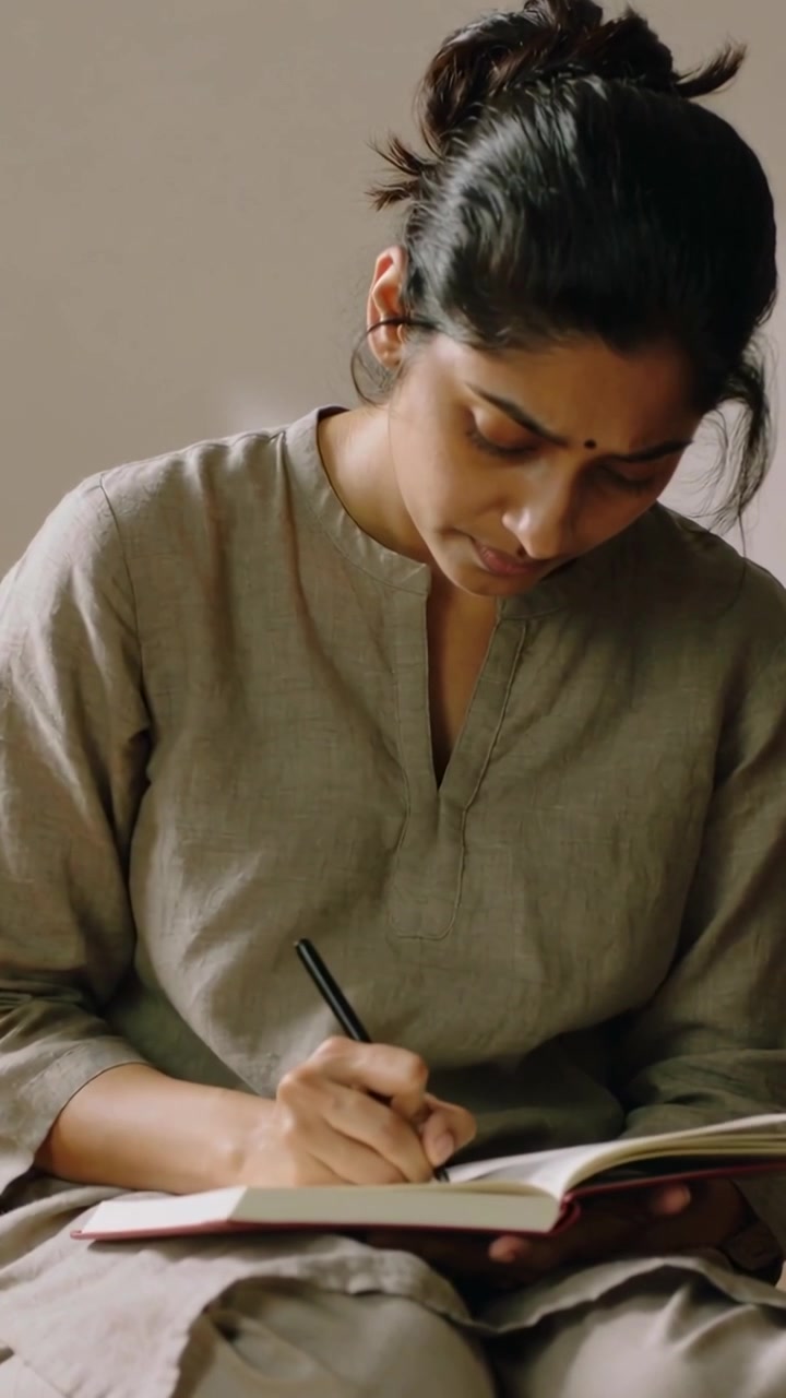 Video verticale: Donna che scrive, con una kurta, che prende appunti in grembo a casa, con la penna che tocca il diario per studiare.