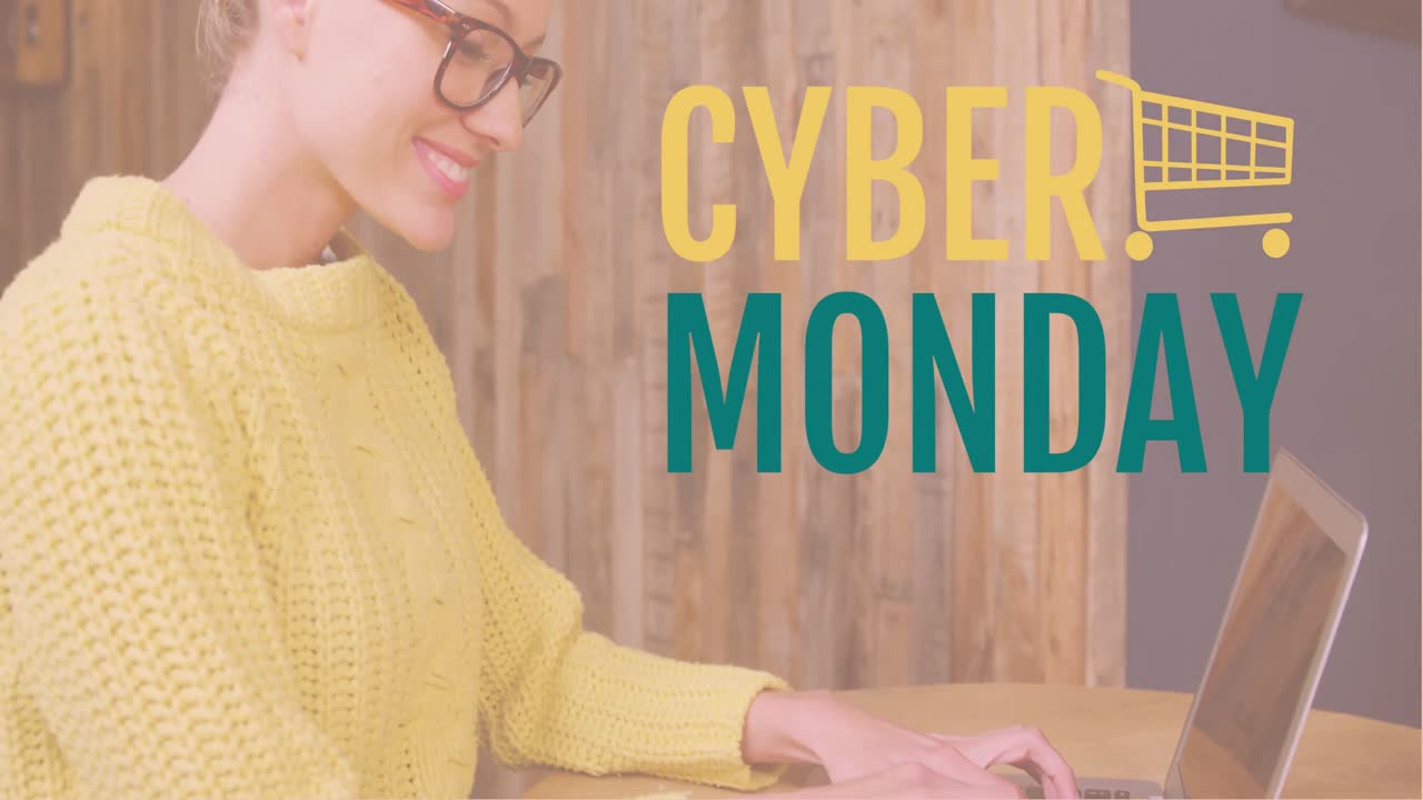 cyber lunes texto y mujer usando computadora portátil 4k