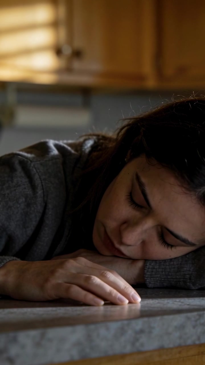 Vertical video: Filming woman leaning on kitchen counter, resting and fidgeting, grey top