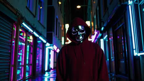 person in skull mask in a neon lit alley