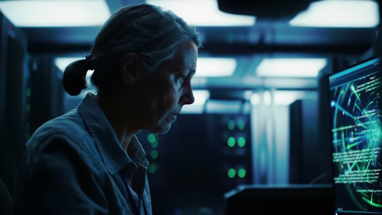 A Focused Technician Analyzing Data in a Dimly Lit Server Room, Engaged in Intricate Cybersecurity Operations Against a Backdrop of Glowing Data Displays