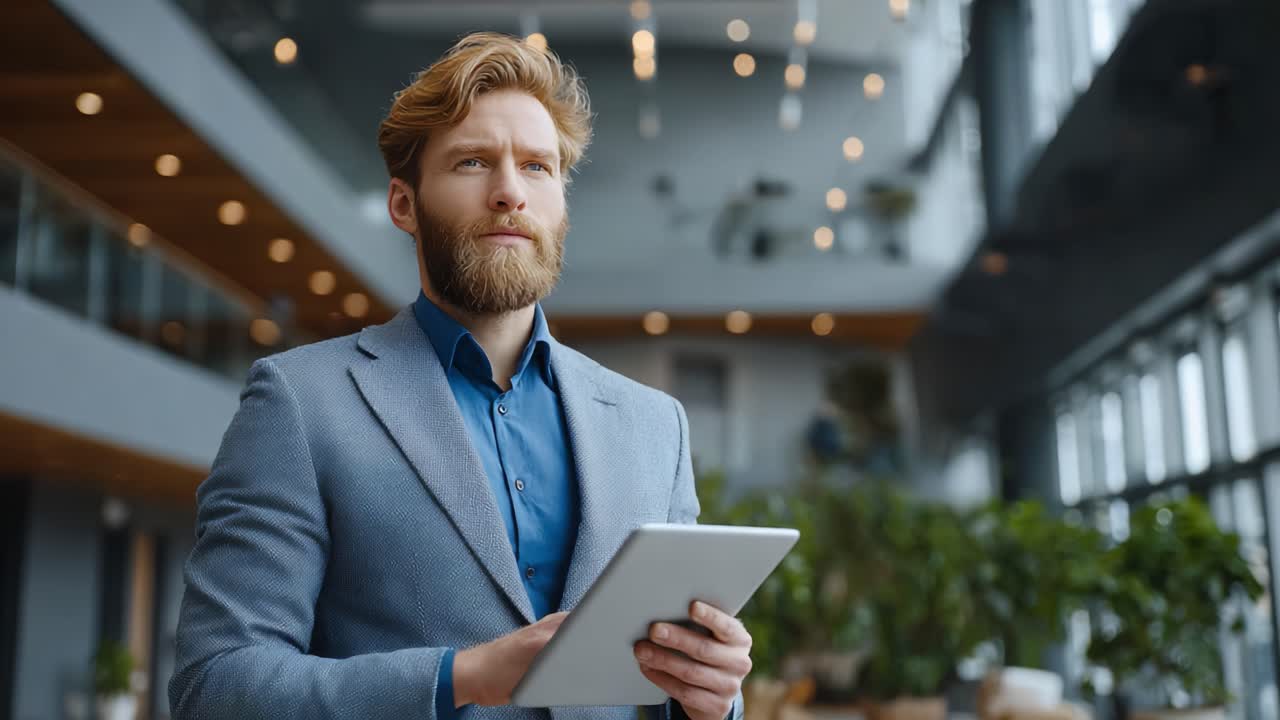 A thoughtful businessman wearing a suit holds a tablet device while standing in a modern office space, contemplating ideas and strategies for future projects
