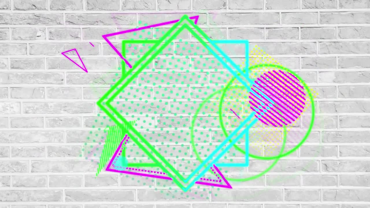 animación de formas gráficas de colores, sobre un fondo de pared de ladrillo gris