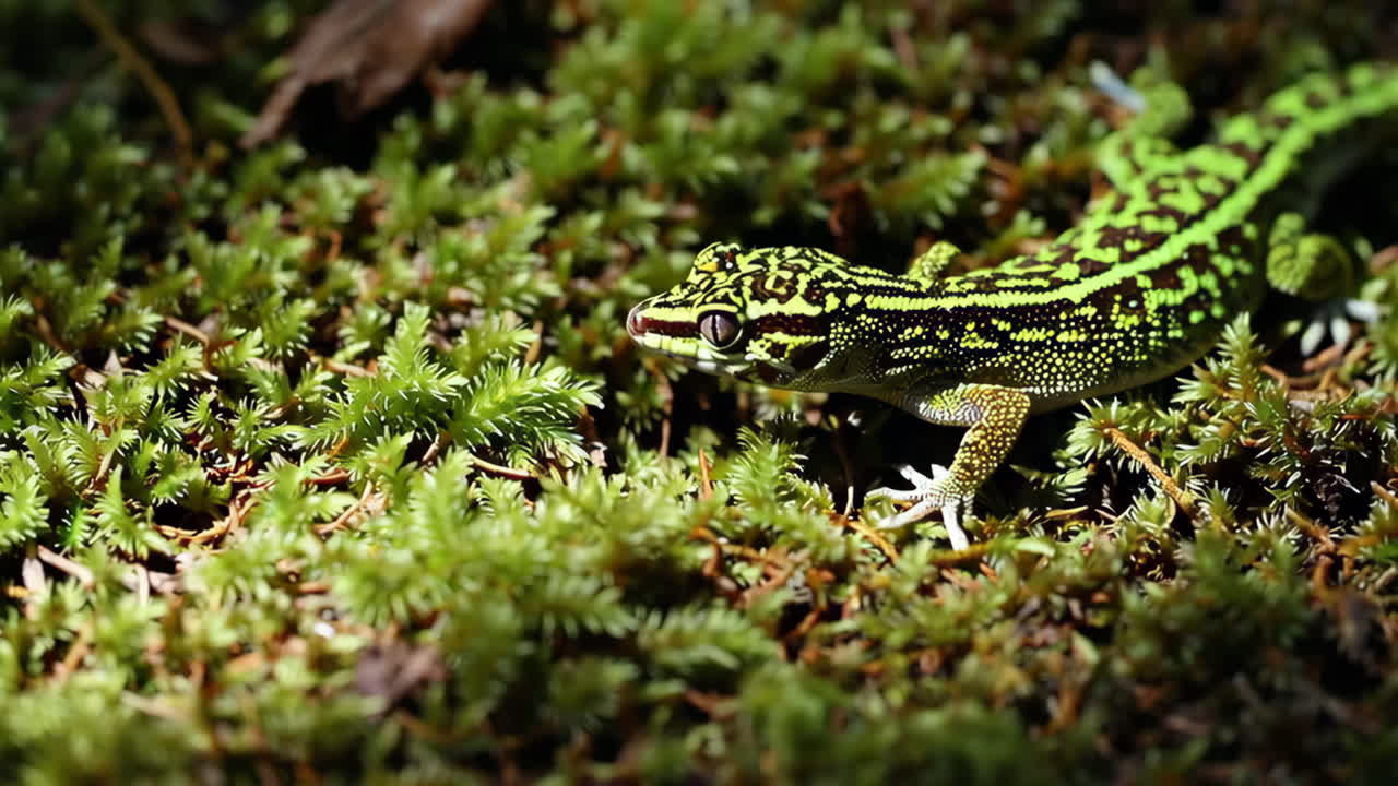 A vibrant green gecko camouflaged on a bed of moss
