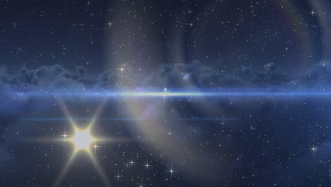 animation of flared lights moving over stars and cloudscape in background