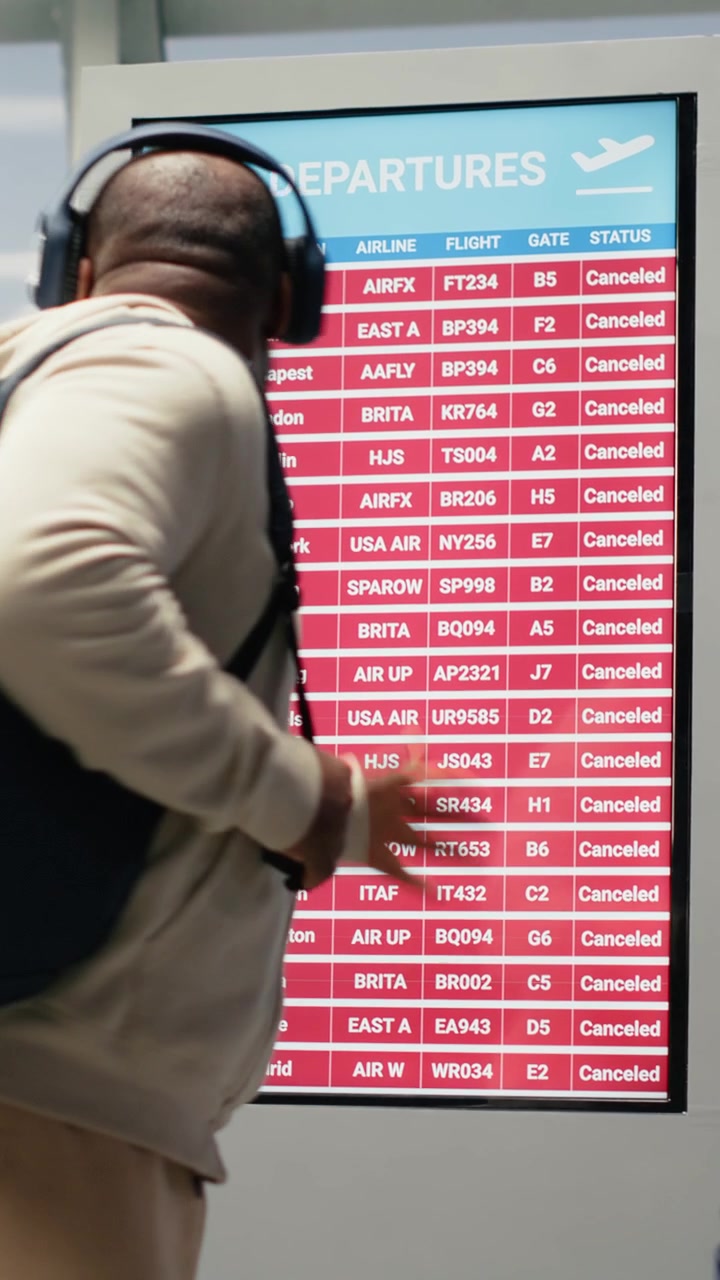 Video vertical: Turistas frustrados viendo una actualización de estado en rojo en pantalla que muestra vuelos cancelados.