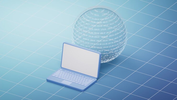 Transparent data sphere with laptop, 3d rendering.