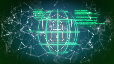 digital padlock and shield over network connections and data processing animation