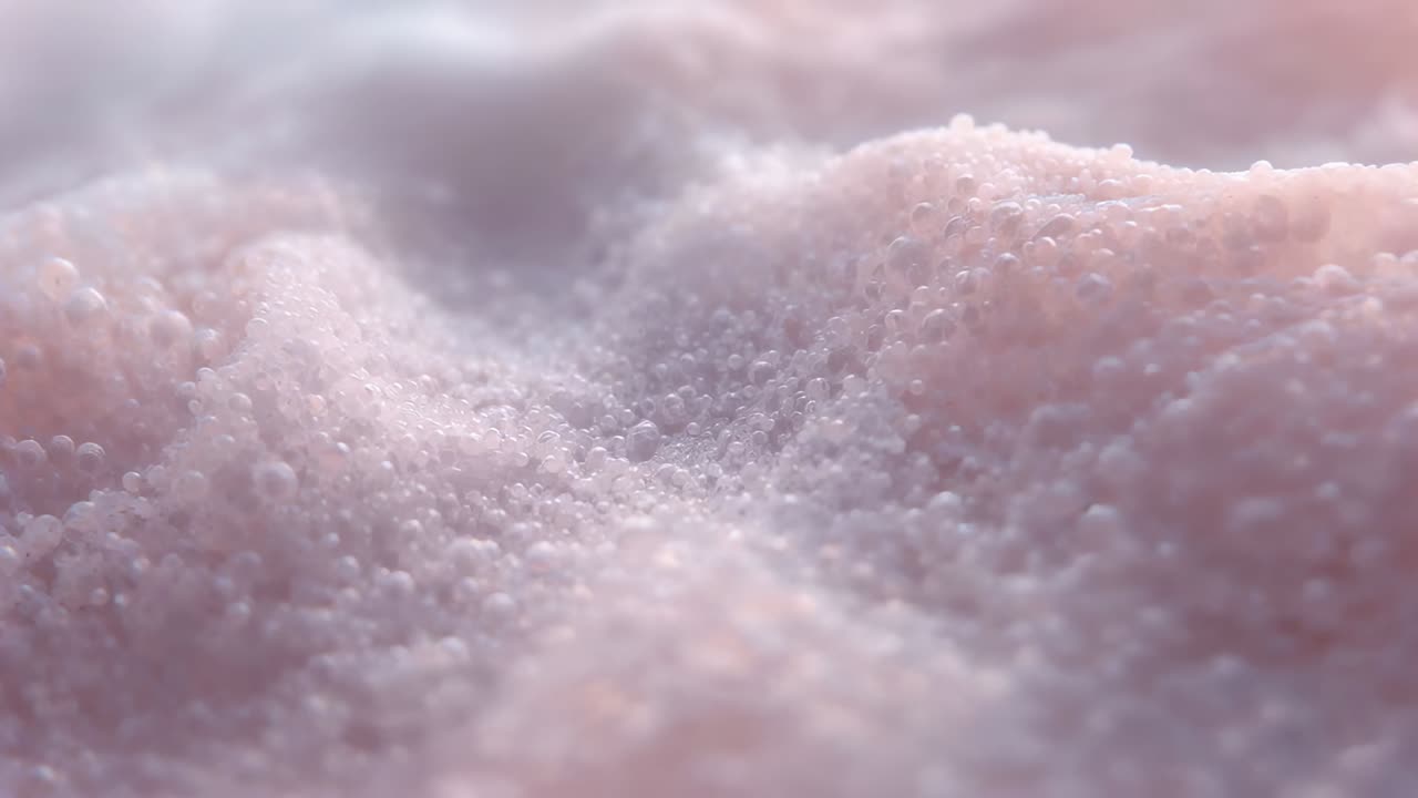 Microbilles roses se déposant, se déplaçant et se reconfigurant sur une table macro, avec de légers reflets
