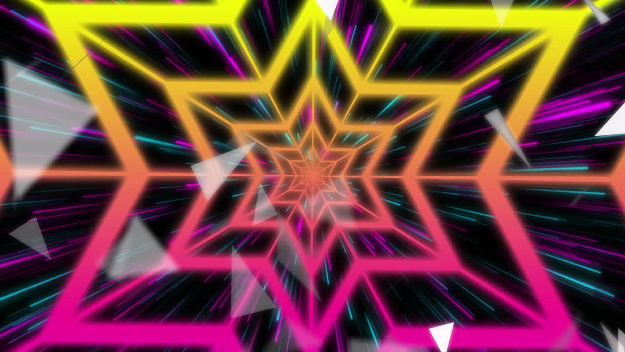 Neon star tunnel spinning in digital space, emitting gradient glow, streaks, floating triangles