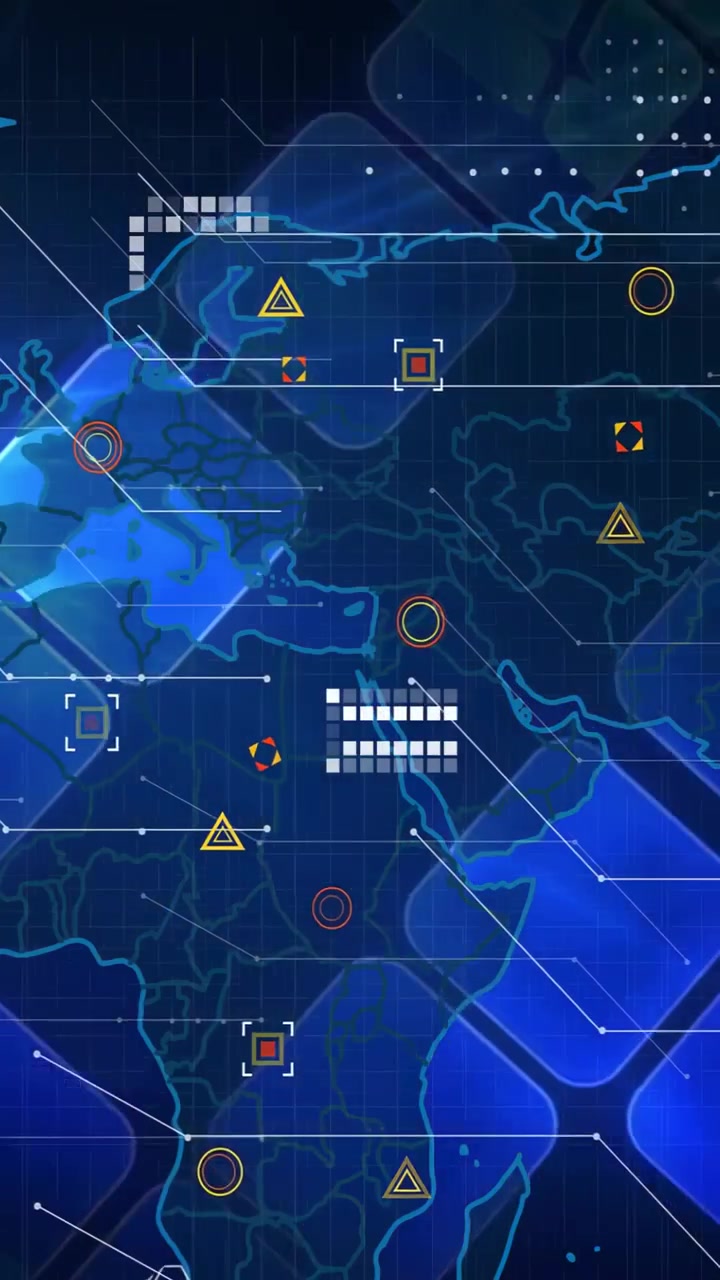 Vertical video: Bright blue flare sparking HUD, world map panning while targets pulsing to monitor