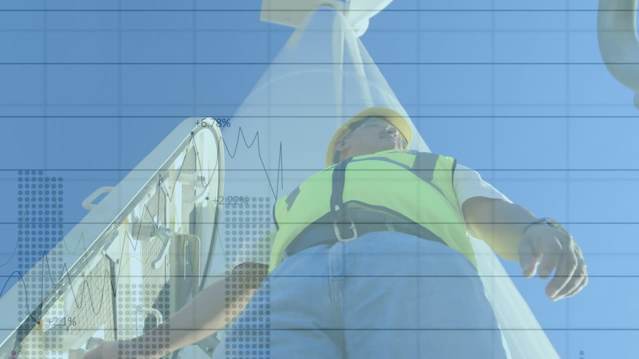 엔지니어와 풍력 터빈에 대한 금융 데이터 처리 애니메이션