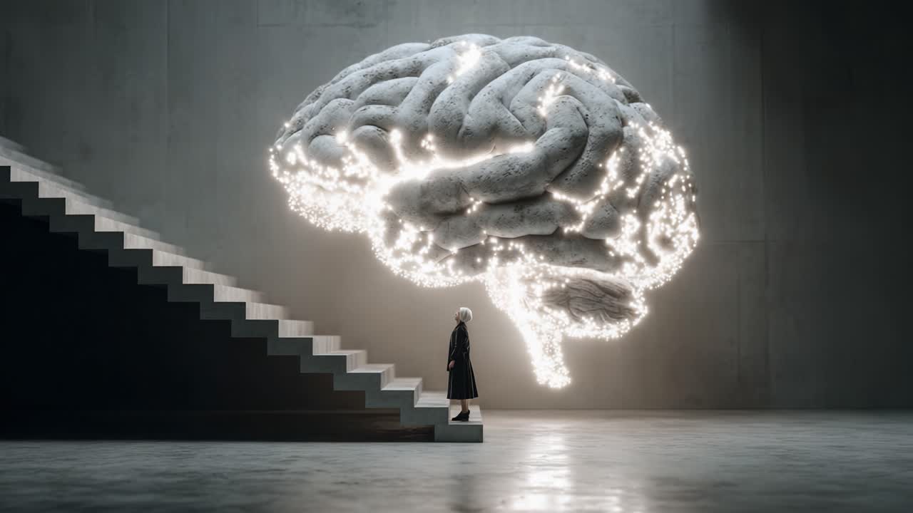 Un'esplorazione eterea della coscienza umana: immagini cerebrali illuminate su uno sfondo minimalista con una figura che sale le scale