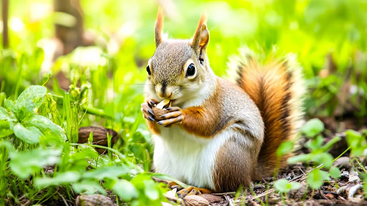 Scoiattolo mangia una noce in giardino. Uno scoiattolo siede a terra tenendo una noce. È circondato da erba verde e piante. La scena è luminosa e soleggiata.