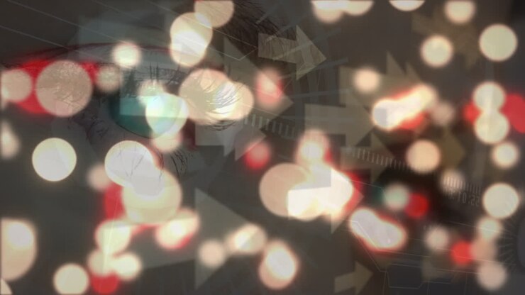 Punti luminosi incandescenti e multiple icone a freccia su primo piano di occhi femminili