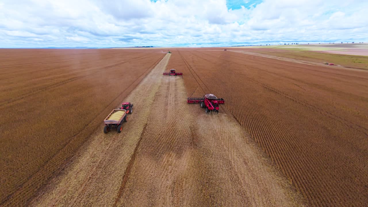 Aerial view of combine harvesters working on a large soybean plantation in a rural area of São João da Aliança, Goiás, Brazil, under a cloudy sky, showcasing the scale of modern agriculture
