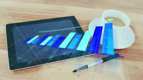 animation of statistical data processing against digital tablet, pen and coffee cup on wooden table