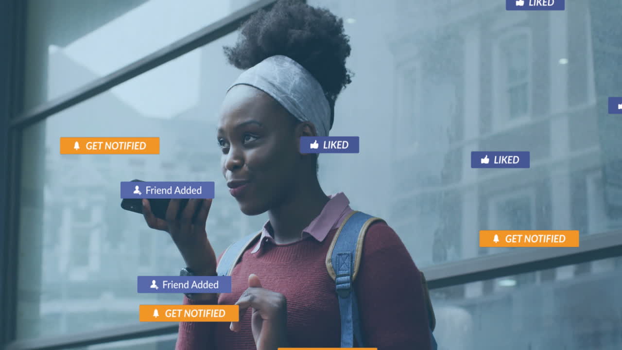 Animation of icons and data processing over african american woman using smartphone