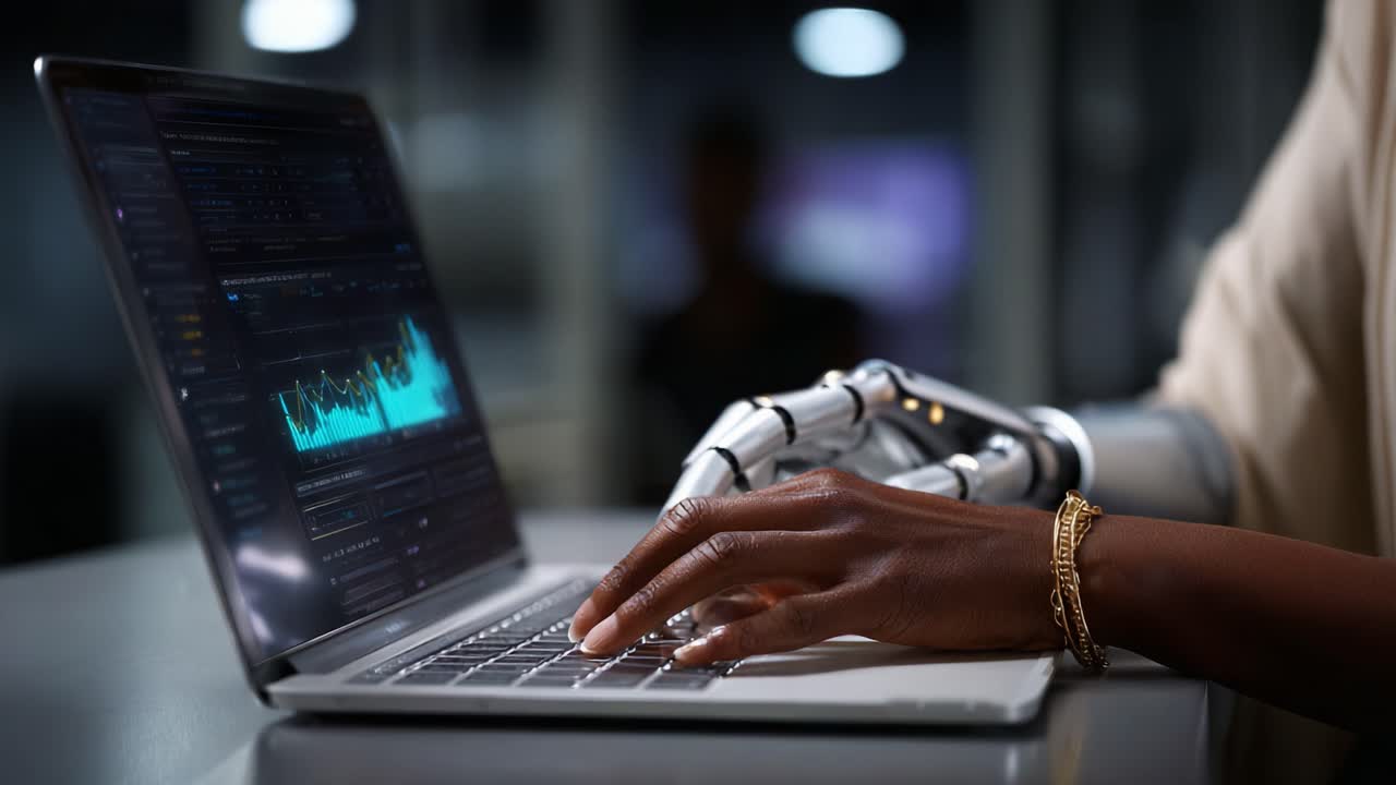 A close-up view of a person using a laptop with a sophisticated robotic arm, highlighting the fusion of technology and human interaction in a modern workspace