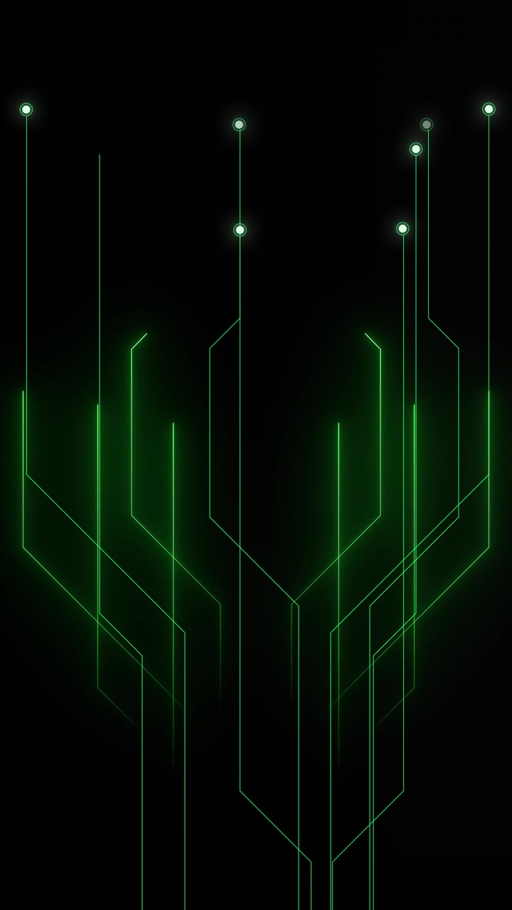 Green circuit lines dark background glowing terminal nodes clean electronic paths and black
