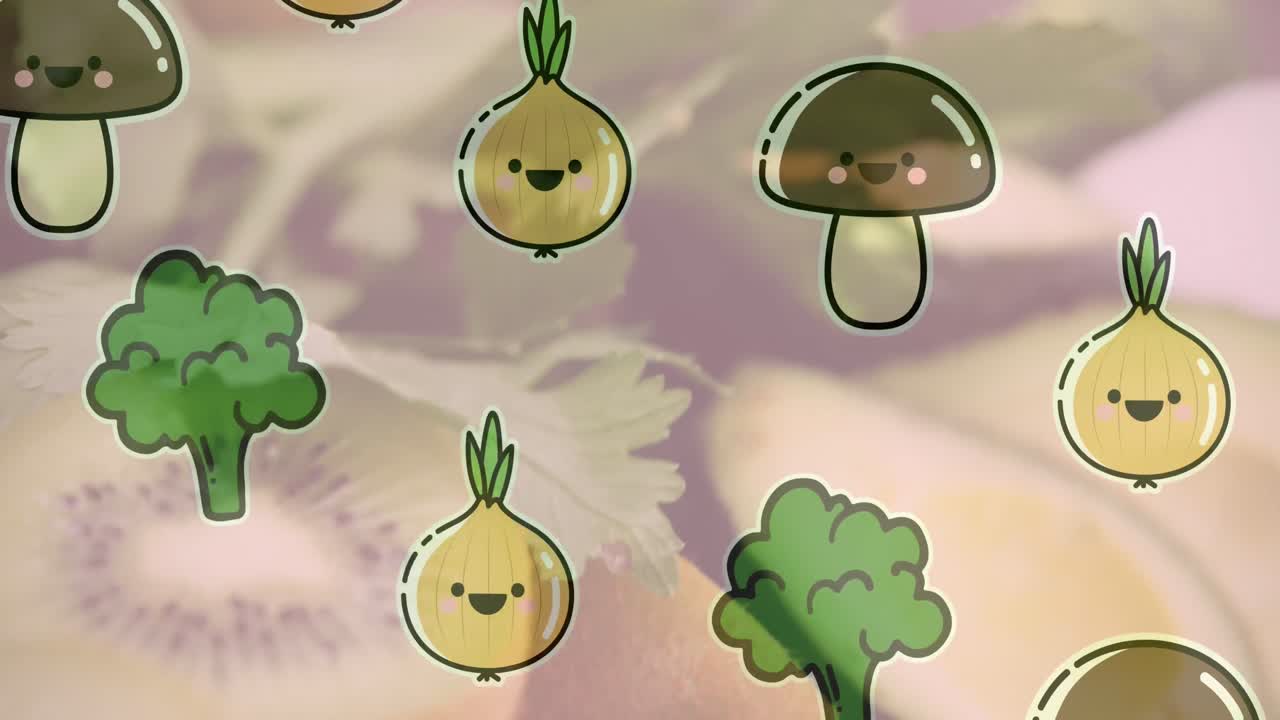 신선하게 절단 된 키위 과일 과 아보카도 위 에 있는 채소 와 함께 그림 의 애니메이션