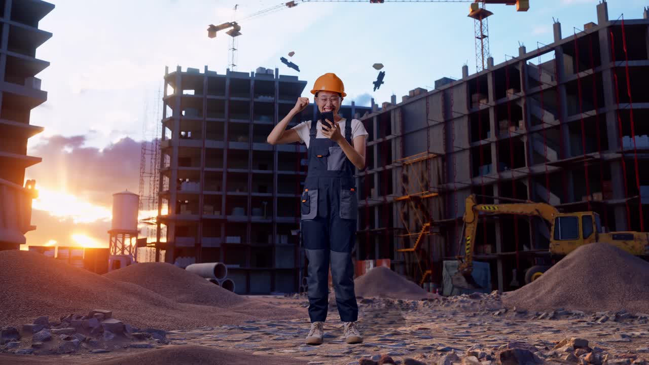 cuerpo lleno de mujer asiática trabajadora con gafas de protección y casco de seguridad mirando el teléfono inteligente luego gritando meta celebrando mientras está de pie en el sitio de construcción