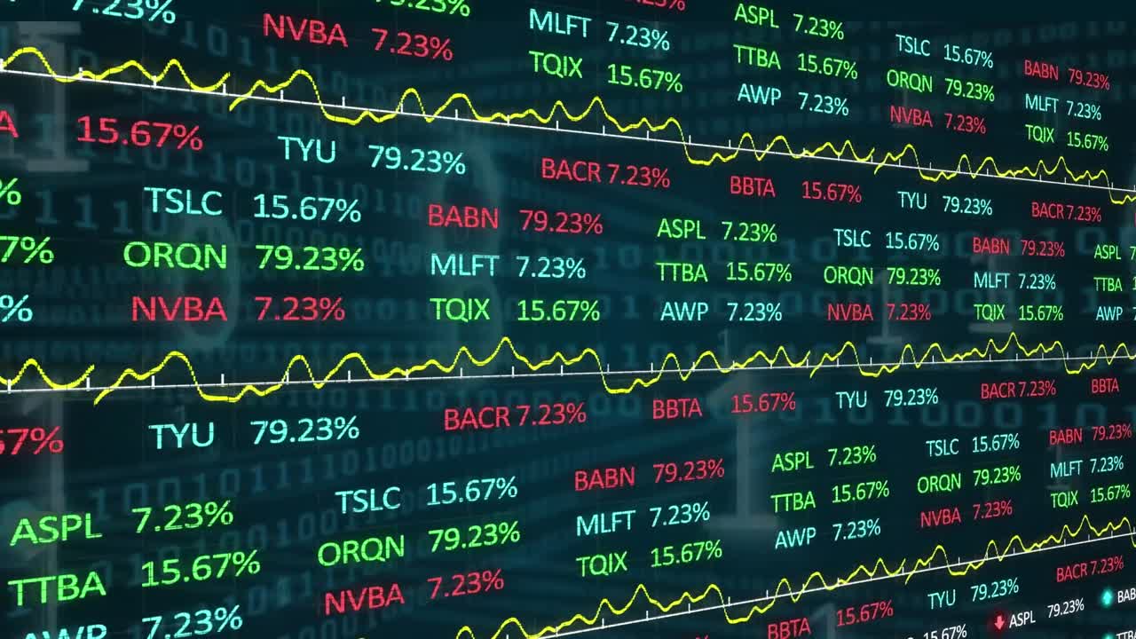 Animazione di elaborazione dati finanziari e codifica binaria sullo sfondo