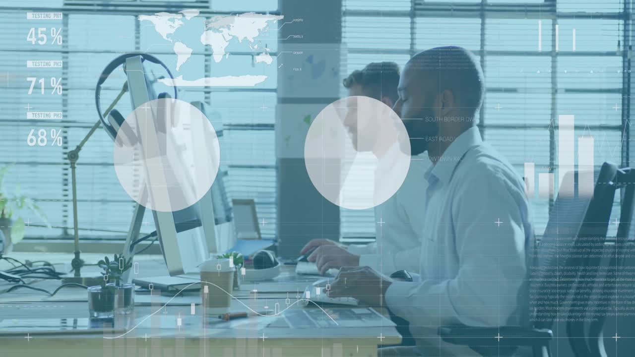 Animation of infographic interface over diverse coworkers working on desktop in office
