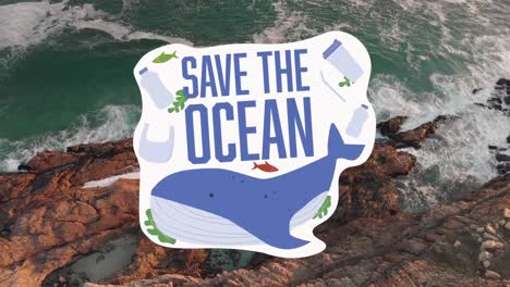 animation of save the ocean text, sustainability and ecology icons over landscape