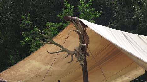 Viking-re-enactment-mascot-on-tent-with-smoke-from-open-fire-at-Waterford-Ireland