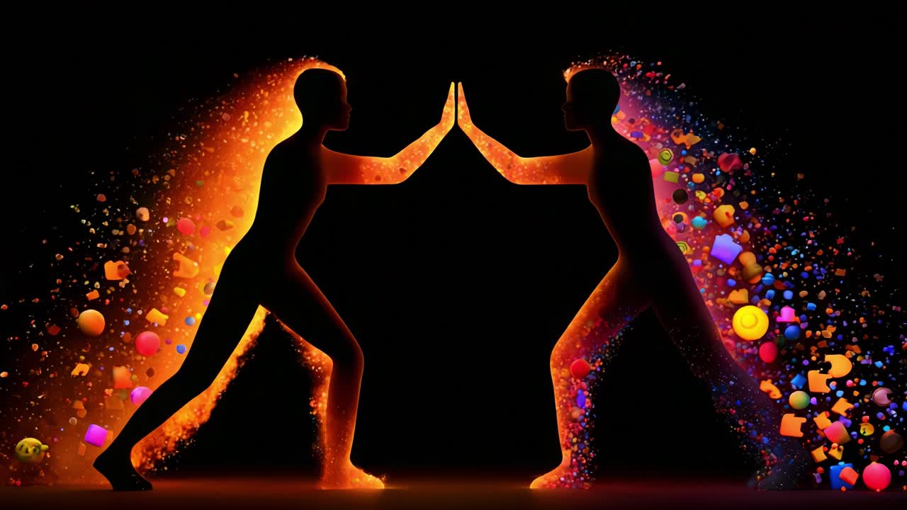 To silhuetfigurer i et dynamisk samspil midt i en livlig fremvisning af farverige partikler og former, der symboliserer forbindelse og energi i en slående visuel komposition