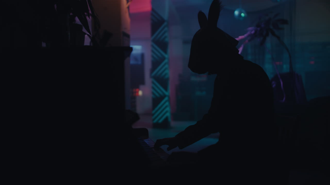 Silhouette of a Person Playing Piano with a Rabbit Mask in a Neon Nightclub