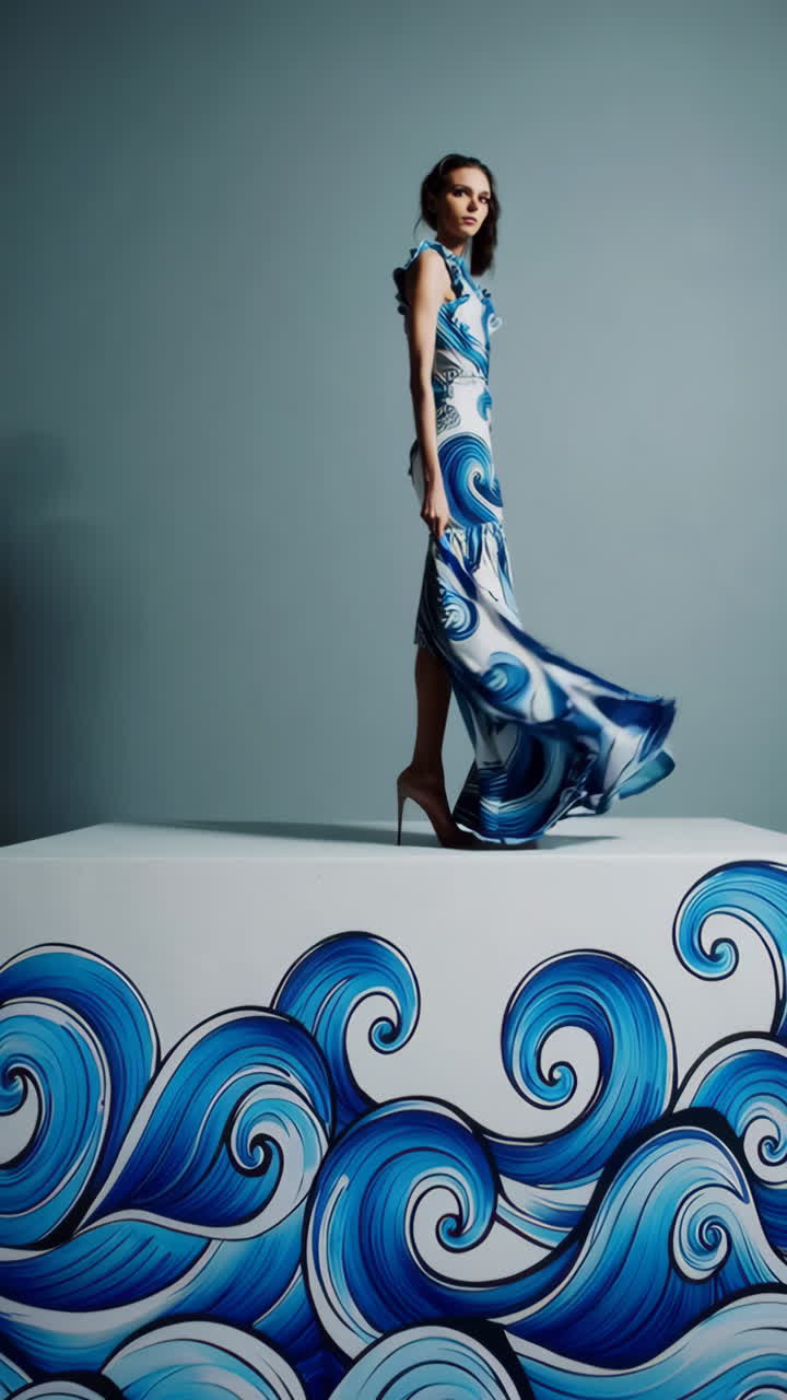 Fashion Model Showcasing Flowing Blue and White Wave Pattern Dress