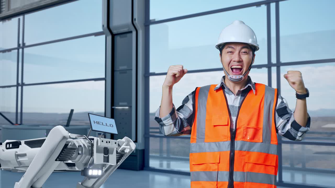 엔지니어가 현대적인 시설에서 로으로 성공을 축하하고 있습니다.