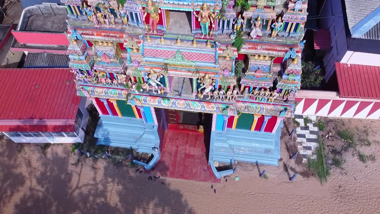 People walk in front of temple, flock of birds, sky view of an Indian temple , trees, Kerala, Indian, Asian culture, architecture