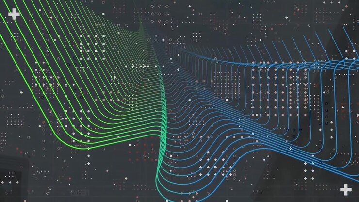 Dynamic Digital Waves of Green and Blue Lines on a Tech Background