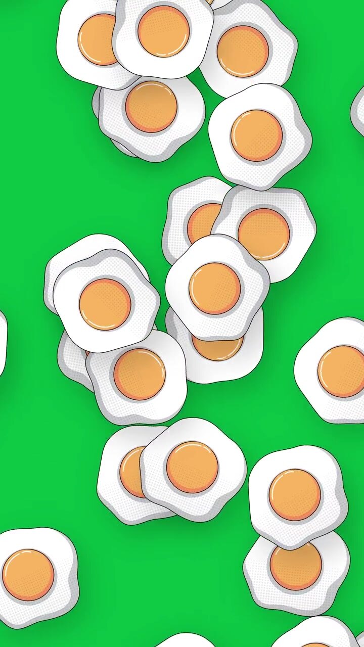 Stylized 2D fried eggs fall vertically through frame against a vibrant solid green background.