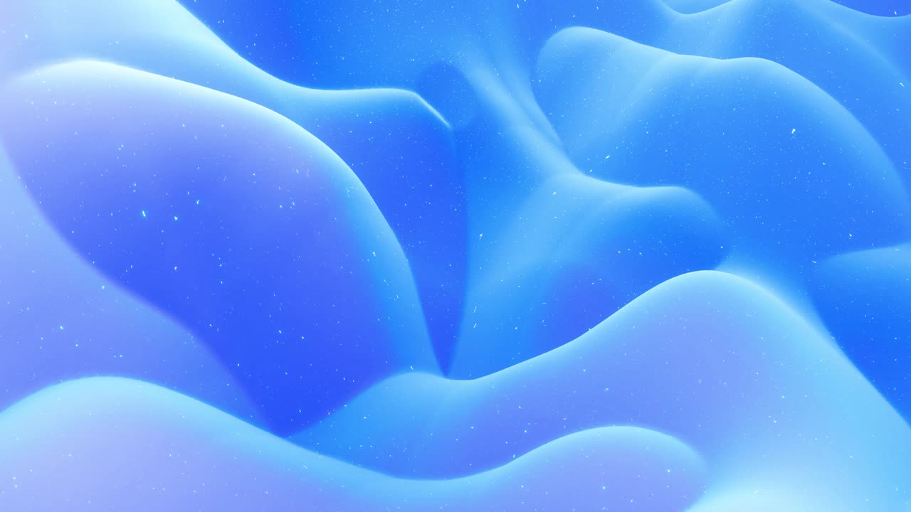 Abstract waves of soft blue matte material with light inner glow and glitters on morphing surface. Abstract geometric surface like landscape or terrain, extrude or displace 3d noise. Loop 4k