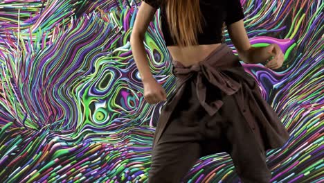 midsection of caucasian woman dancing over multicoloured liquid swirl background