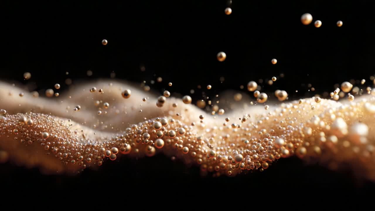 A mesmerizing and dynamic view of sparkling particles suspended in a flowing wave, showcasing intricate motion and brilliance against a dark backdrop, creating an enchanting visual experience