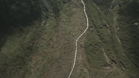 bird's eye view of cuilcagh boardwalk trail through vast wetland and slopes in northern ireland
