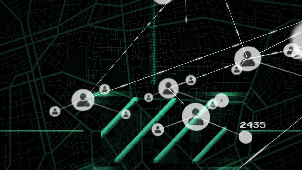 Network of connections and data processing animation over digital map background